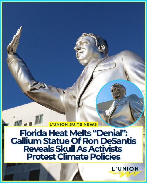 Meanwhile in Florida. A life-sized statue of Florida Governor Ron DeSantis, titled “Denial,” began melting shortly after its unveiling in Tallahassee earlier this month, its face giving way to a skull underneath. The installation, cast entirely in gallium (a metal that melts at about 85.6°F / 29.8°C), was designed to dissolve in Florida’s heat as a pointed critique of the governor’s record on climate change.
Rachel Maddow covered the artwork on her show, framing it as DeSantis’ climate policies colliding with Florida’s actual weather. The piece was created by climate advocacy group 350 Action, advertising agency Uncommon Creative Studio, and production company M ss ng P eces. It was unveiled around October 13 at Prime Meridian Plaza in the state capital, where temperatures reached 90°F, well above gallium’s melting point and enough for the statue’s features to drip away over the course of roughly 30–60 minutes, leaving a skeletal figure in a business suit.
A plaque at the base quotes DeSantis (“I am not a global warming person”) and references House Bill 1645, the 2024 energy law he signed that removed numerous references to “climate change” and greenhouse gas emissions from Florida statutes. The legislation also restricted certain local climate policies, limited wind energy development near the coast, and shifted priorities toward energy reliability and affordability over emissions reductions. Organizers described the melting monument as a visual response to those choices: a figure associated with rolling back climate language confronted by a material that cannot negotiate with temperature.
The installation arrives as DeSantis approaches the end of his second term in January 2027, with Florida voters set to choose his successor on November 3. 350 Action and its partners have framed “Denial” as a call for voters who prioritize climate issues to reject candidates they view as deniers and to support stronger action.As Maddow’s segment and widespread photos illustrated, the statue’s face cracked and dripped, exposing what was underneath before the metal pooled at its base.
🎥 @RachelMaddow
#lunionsuite #haitianamerican