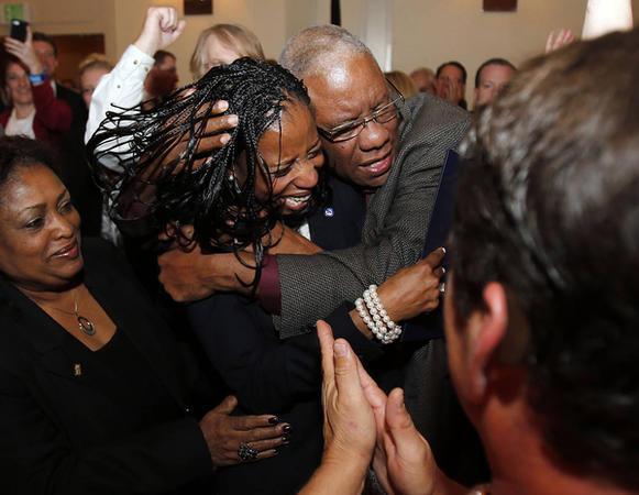 Republican Mia Love celebrates with her supporters after winning the race for Utah’s 4th Congressional District during the Utah State GOP election night watch party Tuesday, Nov. 4, 2014, in Salt Lake City. (Rick Bowmer/AP)