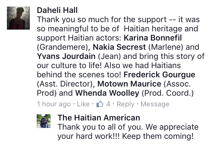 Facebook response from Haitian writer and director Daheli Hall. 