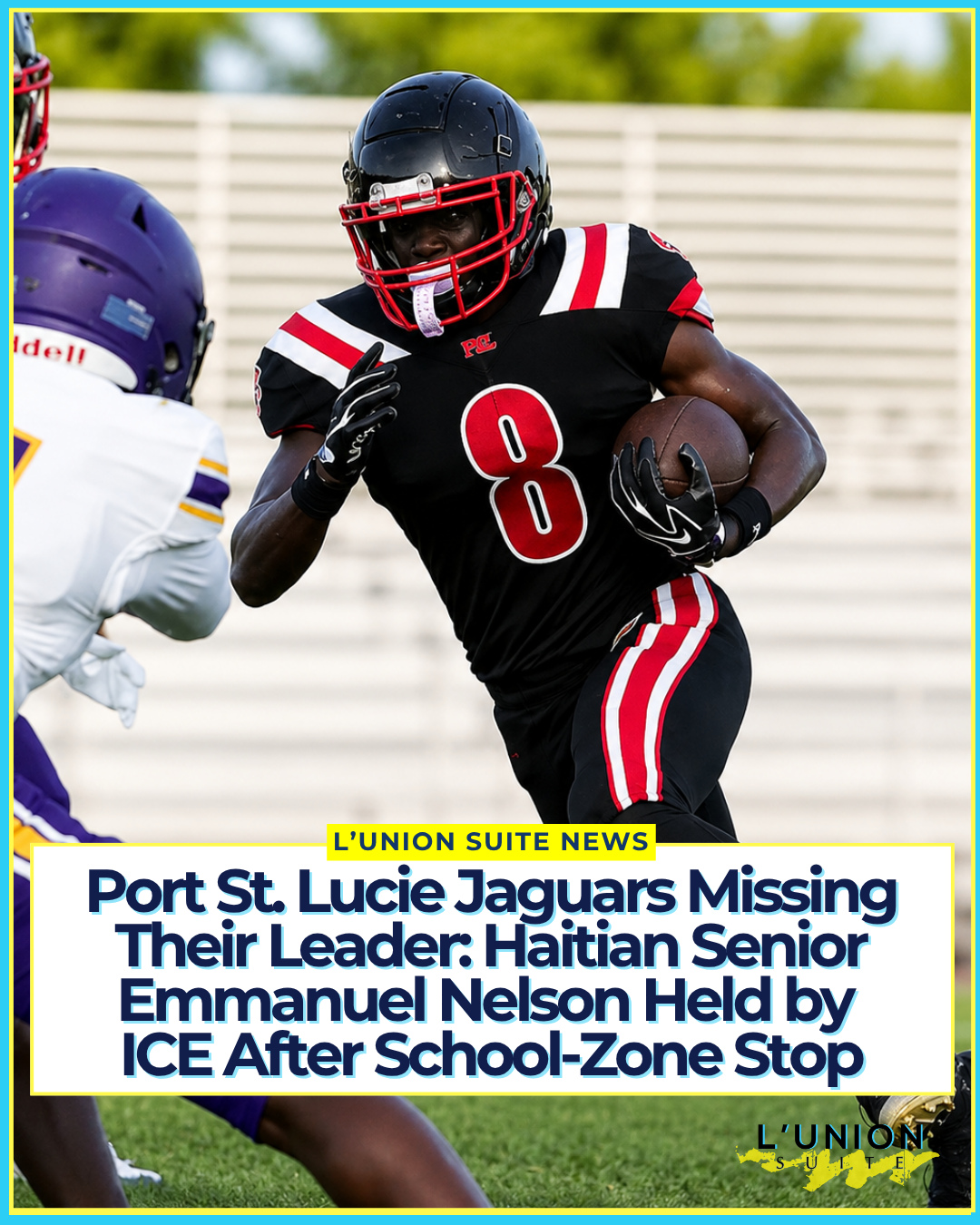 The Port St. Lucie High School football team is playing without one of its most respected seniors. Emmanuel Nelson, an 18-year-old Jaguars defensive standout and wrestler, remains in ICE custody after a traffic stop last week revealed his work permits had expired.
Nelson was pulled over the morning of Aug. 19 while driving to school. Police said he was traveling 45 mph in a 20-mph school zone on Southeast Lennard Road. He received a citation. When the officer ran his license, records showed he is not a U.S. citizen and that his employment authorization documents had lapsed. Because he was a documented non-citizen, the officer contacted Immigration and Customs Enforcement, which placed a detainer on him. He was booked into St. Lucie County Jail that afternoon.
ICE said Nelson legally entered the United States on Jan. 16, 2016, through the Haitian Family Reunification Parole Program but “failed to comply with the terms of his admission” and is now in violation of immigration law. He remains in custody pending removal proceedings. A family spokesperson said a U.S. citizen step-parent has petitioned for him and that the paperwork for permanent residency was submitted; those cases can take years. While the application was pending, Nelson was issued a valid work permit, Social Security number, and Florida driver’s license and enrolled in school.
He played in the Kickoff Classic against Fort Pierce Central on Aug. 14—five days before the stop. The following week the Jaguars dropped a 45-0 season opener to South Fork. Head coach Everette Alford said the absence, combined with injuries and rain delays, created distractions the team could not overcome.
“He was one of the guys who was a leader,” Alford said. “It’s really hard, as a whole team, to go through something like that during a game week.” The coach called Nelson “the most respectful young man” and said teammates are missing him. “Whenever he does come back, we’re going to welcome him with open arms. We were looking forward to seeing him on both sides of the ball this year. And I think we still will.”
#lunionsuite #haitianamerican
