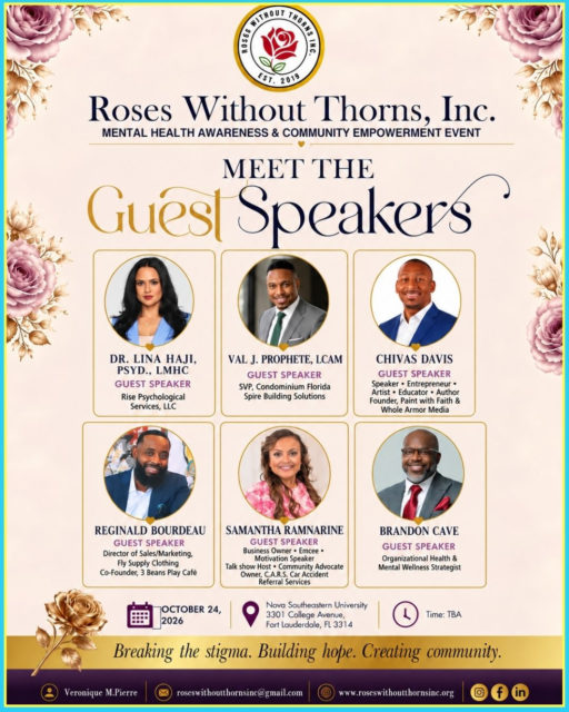 Veronique M. Pierre, Founder and CEO of Roses Without Thorns, Inc., is promoting the organization’s upcoming Mental Health Awareness & Community Empowerment Event, taking place October 24.
Pierre, a former Miss International World Haiti, author, educator, model, actress, entrepreneur and Certified Mental Health Advocate, shares the message “Blooming is a Lifestyle,” centered on personal growth, self-care and giving back to the community.
The October 24 event will feature conversations on mental health, healthy relationships, financial wellness, wealth, self-love and building healthier communities, along with guest speakers and special guests.
Those interested in attending can RSVP through Eventbrite.
Connect with Veronique M. Pierre & Roses Without Thorns, Inc.:
Instagram: @veroniquempierre
TikTok: @veroniquempierre
Eventbrite: Mental Health Awareness & Community Empowerment Event
https://www.eventbrite.com/e/mental-health-awareness-and-community-empowerment-event-tickets-1999622817676
#AD #lunionsuite #haitianamerican